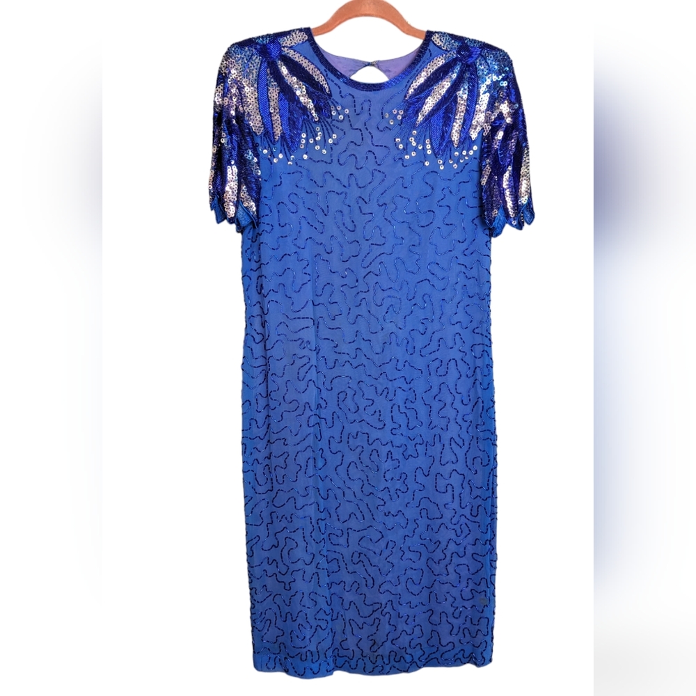 Vintage Beaded Silk Studio Morgan Taylor Sequin Embroidered Dress 6 Dark Blue